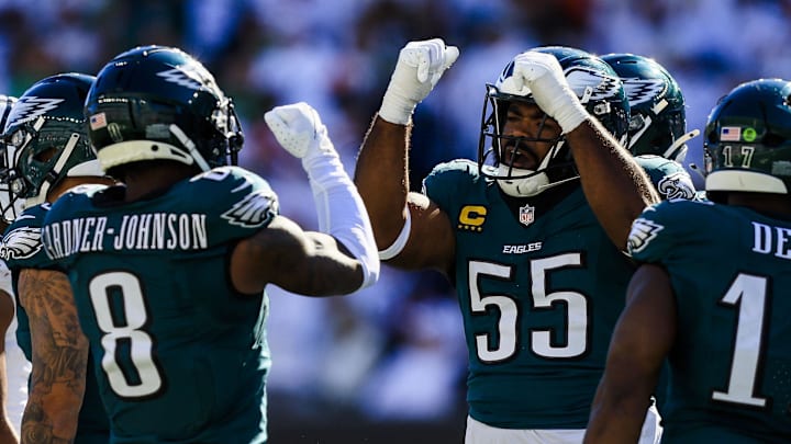 Oct 27, 2024; Cincinnati, Ohio, USA; Philadelphia Eagles defensive end Brandon Graham (55) reacts after a play in the second half against the Cincinnati Bengals at Paycor Stadium. Mandatory Credit: Katie Stratman-Imagn Images Oct 27, 2024; Cincinnati, Ohio, USA; Philadelphia Eagles defensive end Brandon Graham (55) reacts after a play in the second half against the Cincinnati Bengals at Paycor Stadium. Mandatory Credit: Katie Stratman-Imagn Images