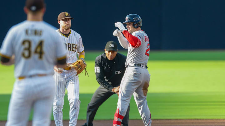 Boston Red Sox third baseman Alex Bregman (2) celebrates after hitting a double during the first inning against the San Diego Padres at Petco Park. Aug 9, 2025; San Diego, California, USA 