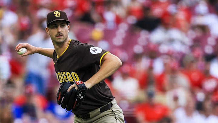 Jun 28, 2025; Cincinnati, Ohio, USA; San Diego Padres relief pitcher Bryan Hoeing (78) throws to first to get Cincinnati Reds third baseman Santiago Espinal (not pictured) out in the sixth inning at Great American Ball Park. Mandatory Credit: Katie Stratman-Imagn Images