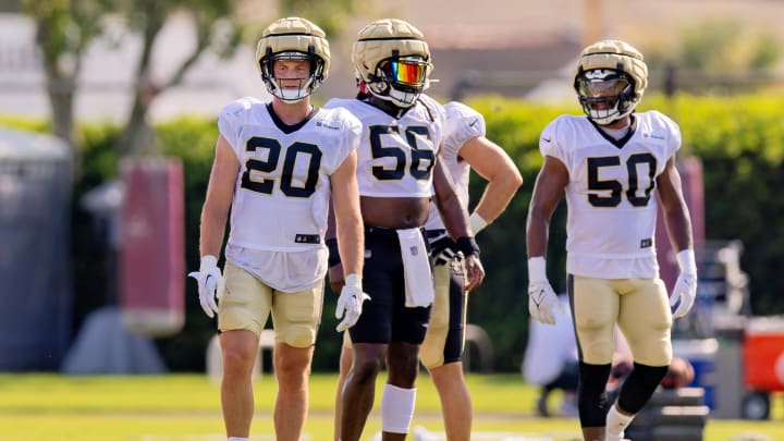 Aug 1, 2023; Metairie, LA, USA; New Orleans Saints linebacker Pete Werner (20) and linebacker Demario Davis (56) and linebacker Andrew Dowell (50) at the Ochsner Sports Performance Center. Mandatory Credit: Stephen Lew-USA TODAY Sports Aug 1, 2023; Metairie, LA, USA; New Orleans Saints linebacker Pete Werner (20) and linebacker Demario Davis (56) and linebacker Andrew Dowell (50) at the Ochsner Sports Performance Center. Mandatory Credit: Stephen Lew-USA TODAY Sports