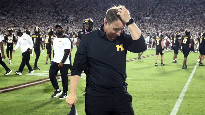 Sep 26, 2026; Starkville, Mississippi, USA; Missouri Tigers head coach Eli Drinkwitz reacts after a turnover on downs during the fourth quarter against the Mississippi State Bulldogs at Davis Wade Stadium at Scott Field. Mandatory Credit: Petre Thomas-Imagn Images Sep 26, 2026; Starkville, Mississippi, USA; Missouri Tigers head coach Eli Drinkwitz reacts after a turnover on downs during the fourth quarter against the Mississippi State Bulldogs at Davis Wade Stadium at Scott Field. Mandatory Credit: Petre Thomas-Imagn Images