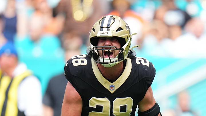 Nov 30, 2025; Miami Gardens, Florida, USA; New Orleans Saints linebacker Danny Stutsman (28) reacts after making a tackle against the Miami Dolphins during the first half at Hard Rock Stadium. Mandatory Credit: Rich Storry-Imagn Images Nov 30, 2025; Miami Gardens, Florida, USA; New Orleans Saints linebacker Danny Stutsman (28) reacts after making a tackle against the Miami Dolphins during the first half at Hard Rock Stadium. Mandatory Credit: Rich Storry-Imagn Images