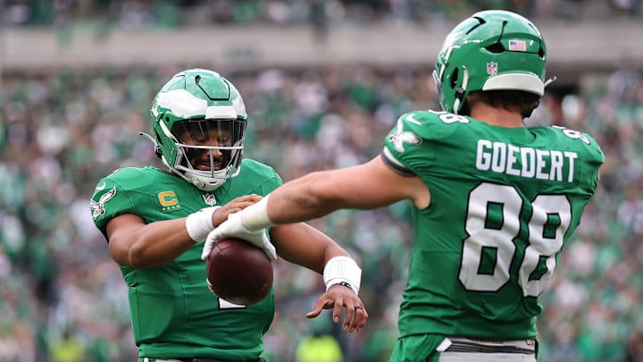Oct 26, 2025; Philadelphia, Pennsylvania, USA; Philadelphia Eagles tight end Dallas Goedert (88) celebrates with quarterback Jalen Hurts (1) after scoring a touchdown against the New York Giants in the fourth quarter at Lincoln Financial Field. Mandatory Credit: Bill Streicher-Imagn Images Oct 26, 2025; Philadelphia, Pennsylvania, USA; Philadelphia Eagles tight end Dallas Goedert (88) celebrates with quarterback Jalen Hurts (1) after scoring a touchdown against the New York Giants in the fourth quarter at Lincoln Financial Field. Mandatory Credit: Bill Streicher-Imagn Images