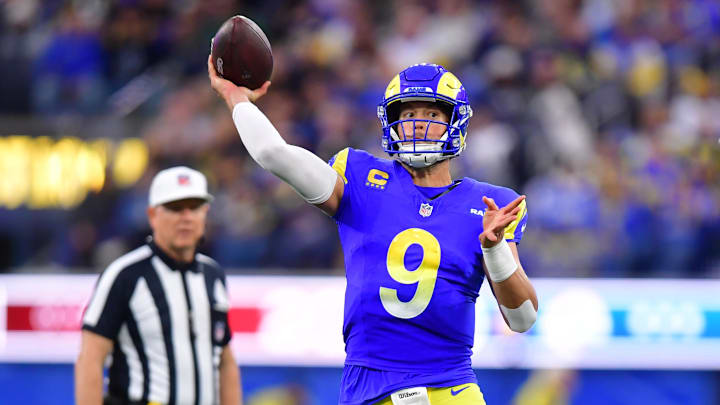 Jan 4, 2026; Inglewood, California, USA;  Los Angeles Rams quarterback Matthew Stafford (9) throws downfield against the Arizona Cardinals during the second half at SoFi Stadium. 