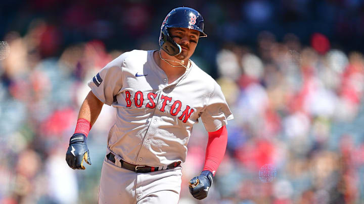 Apr 7, 2024; Anaheim, California, USA; Boston Red Sox catcher Reese McGuire (3) rounds the bases after hitting a home run