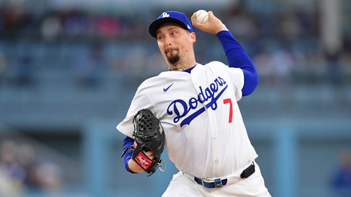 Los Angeles Dodgers pitcher Blake Snell (7) throws during the third inning against the Atlanta Braves at Dodger Stadium. 