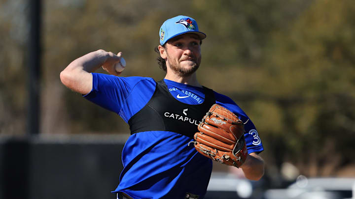 Toronto Blue Jays pitcher Trey Yesavage (39) works out during spring training practice.