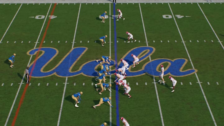Indiana and UCLA's football teams do battle in a simulated game on the EA Sports College Football 25 video game.