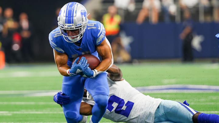 Jourdan Lewis, Amon-Ra St. Brown, Detroit Lions v Dallas Cowboys
