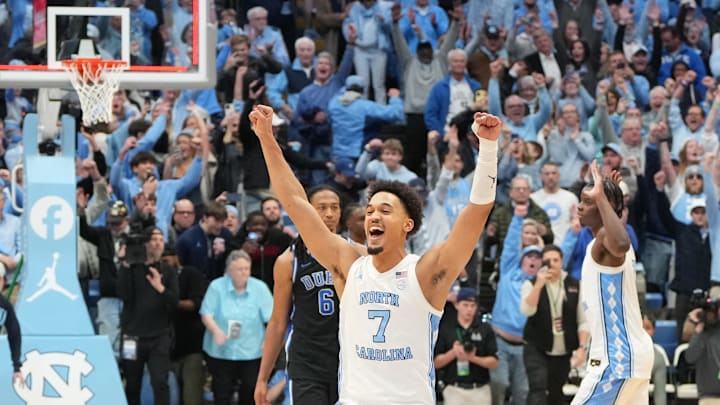 Feb 7, 2026; Chapel Hill, North Carolina, USA; North Carolina Tar Heels guard Seth Trimble (7) celebrates with teammates after the game at Dean E. Smith Center. Mandatory Credit: Bob Donnan-Imagn Images