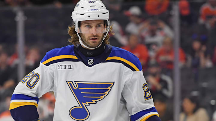 Oct 31, 2024; Philadelphia, Pennsylvania, USA; St. Louis Blues left wing Brandon Saad (20) against the Philadelphia Flyers at Wells Fargo Center. Mandatory Credit: Eric Hartline-Imagn Images