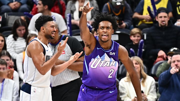 Nov 30, 2024; Salt Lake City, Utah, USA;  Utah Jazz guard Collin Sexton (2) reacts after forcing Dallas Mavericks guard Quentin Grimes (5) to turn over the ball in the second half at Delta Center. Mandatory Credit: Jamie Sabau-Imagn Images