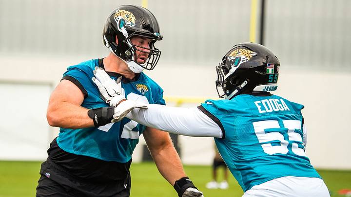 Jacksonville Jaguars offensive tackle Walker Little (72) runs a blocking drill with Jacksonville Jaguars guard Chuma Edoga (55) during the second day of minicamp at the Miller Electric Center, Wednesday, June 10, 2026, in Jacksonville. 