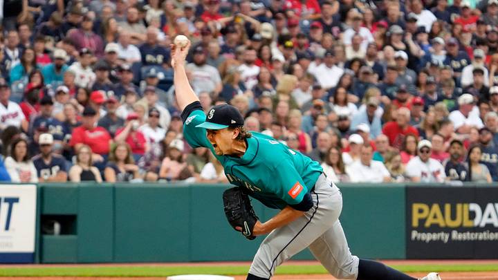 Seattle Mariners pitcher Logan Gilbert unleashes a pitch against the Cleveland Guardians during a Major League Baseball game on June 27, 2026, at Progressive Field in Cleveland. The Guardians won, 4-3, despite seven innings pitched from Gilbert in the loss. Seattle Mariners pitcher Logan Gilbert unleashes a pitch against the Cleveland Guardians during a Major League Baseball game on June 27, 2026, at Progressive Field in Cleveland. The Guardians won, 4-3, despite seven innings pitched from Gilbert in the loss.
