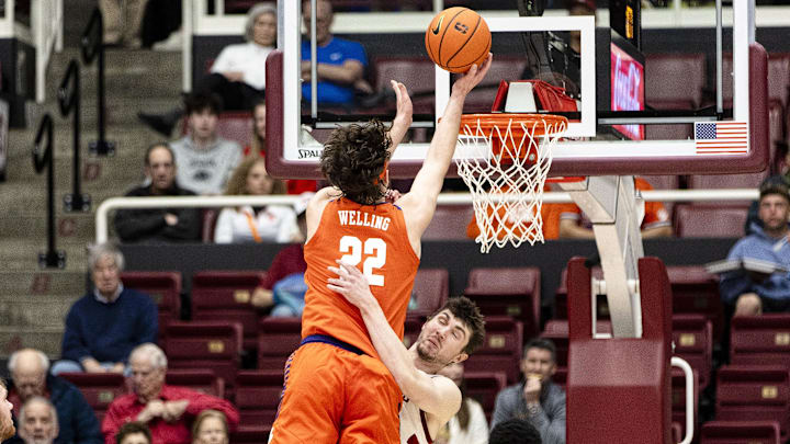 Clemson Tigers center Carter Welling tries to hit a close shot in the win over Stanford on Wednesday night. 