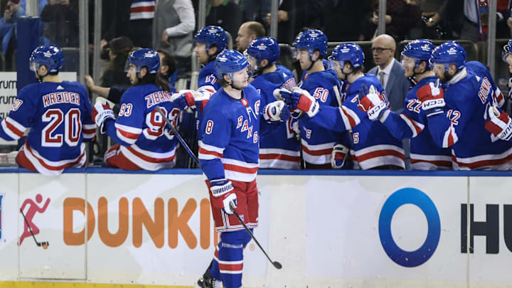 Jan 4, 2024; New York, New York, USA; New York Rangers defenseman Jacob Trouba (8) celebrates with his teammates after scoring a goal in the third period against the Chicago Blackhawks at Madison Square Garden. Mandatory Credit: Wendell Cruz-Imagn Images