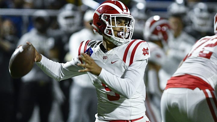 Mater Dei Monarchs quarterback throws a pass during the 4th quarter against the St. John Bosco Braves at Parish Family Stadium. 