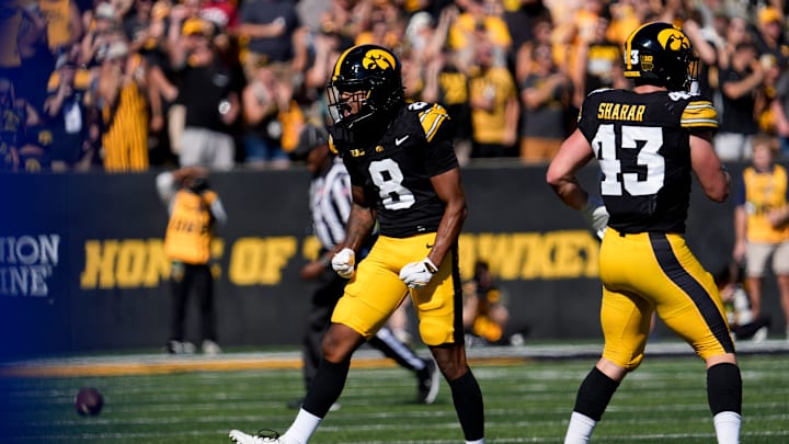 Iowa Hawkeyes defensive back Deshaun Lee (8) reacts during a football game against the Indiana Hoosiers Sept. 27, 2025 at Kinnick Stadium in Iowa City, Iowa.