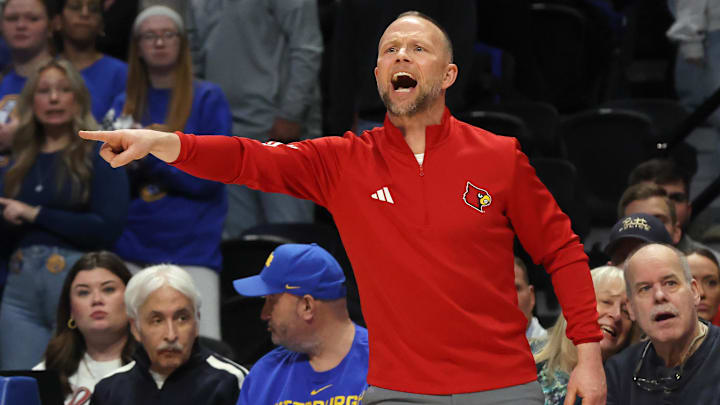 Jan 17, 2026; Pittsburgh, Pennsylvania, USA;  Louisville Cardinals head coach Pat Kelsey reacts on the sidelines against the Pittsburgh Panthers during the first half at the Petersen Events Center. Mandatory Credit: Charles LeClaire-Imagn Images