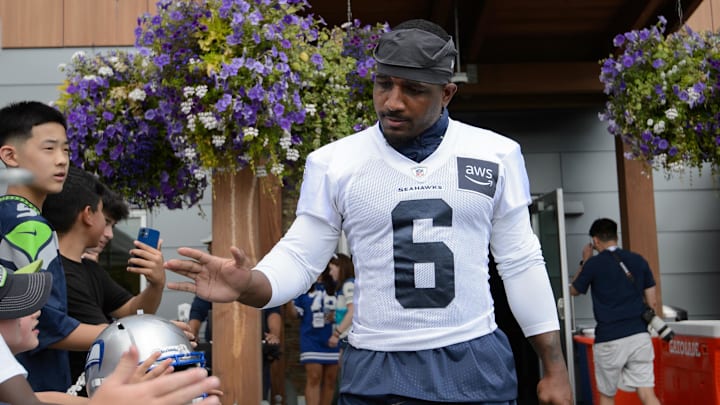 Jul 30, 2023; Renton, WA, USA; Seattle Seahawks safety Quandre Diggs (6) interacts with fans prior