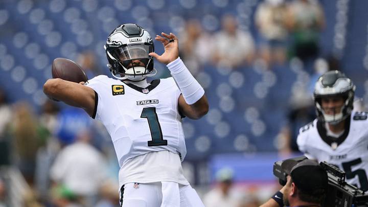 Sep 20, 2026; Nashville, Tennessee, USA;  Philadelphia Eagles quarterback Jalen Hurts (1) warms up before the game against the Tennessee Titans at Nissan Stadium.  Mandatory Credit: Steve Roberts-Imagn Images