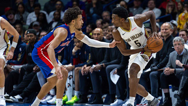 Nov 2, 2023; New Orleans, Louisiana, USA;  New Orleans Pelicans forward Herbert Jones (5) dribbles