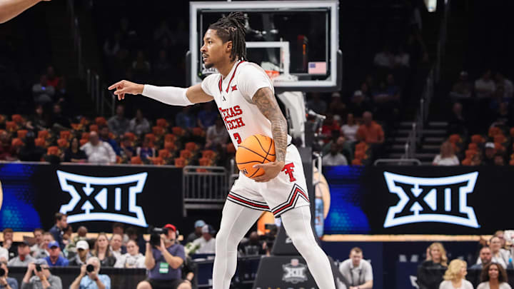 Mar 13, 2025; Kansas City, MO, USA; Texas Tech Red Raiders guard Elijah Hawkins (3) brings the ball up court during the first half against the Baylor Bears at T-Mobile Center. Mandatory Credit: William Purnell-Imagn Images