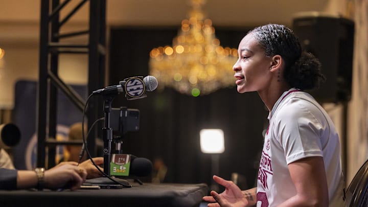 Oct 19, 2023; Birmingham, AL, USA; Mississippi State Bulldogs guard JerKaila Jordan talks with the