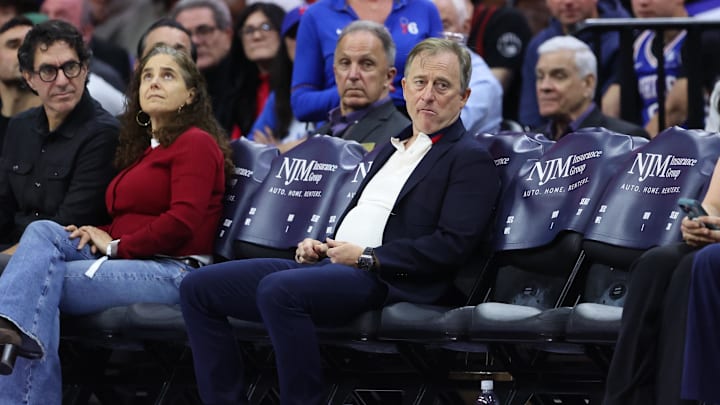 Apr 3, 2026; Philadelphia, Pennsylvania, USA; Josh Harris Managing Partner of the Philadelphia 76ers Josh Harris looks on during the third quarter against the Minnesota Timberwolves at Xfinity Mobile Arena. Mandatory Credit: Bill Streicher-Imagn Images