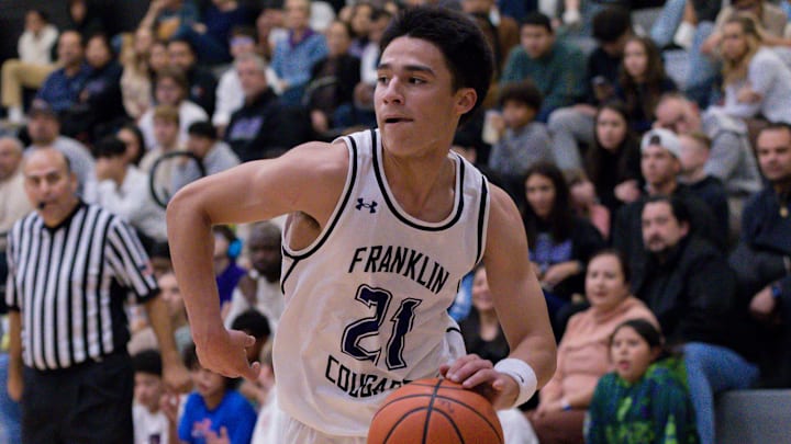 Franklin’s Saul Samaniego (21) dribbles the ball during a District 1-6A boys basketball game against Eastlake at Franklin High School in El Paso, Texas, on Friday, Jan. 9, 2026.