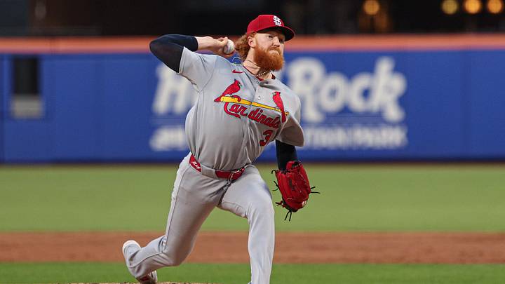 Jun 9, 2026; New York City, New York, USA; St. Louis Cardinals pitcher Dustin May (3) delivers a pitch during the third inning against the New York Mets at Citi Field. Mandatory Credit: Vincent Carchietta-Imagn Images