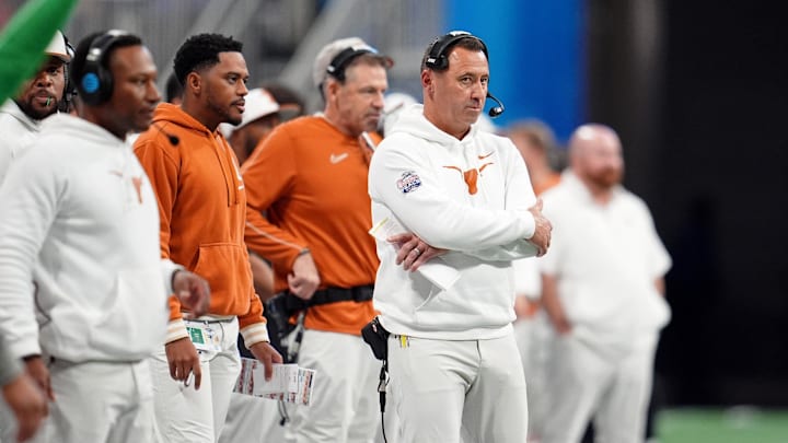 Jan 1, 2025; Atlanta, GA, USA; Texas Longhorns head coach Steve Sarkisian looks on during the second half of the Peach Bowl at Mercedes-Benz Stadium. Mandatory Credit: Dale Zanine-Imagn Images Jan 1, 2025; Atlanta, GA, USA; Texas Longhorns head coach Steve Sarkisian looks on during the second half of the Peach Bowl at Mercedes-Benz Stadium. Mandatory Credit: Dale Zanine-Imagn Images