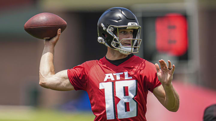 Jun 3, 2024; Atlanta, GA, USA; Atlanta Falcons quarterback Kirk Cousins (18) shown in action on the field during Falcons OTA at the Falcons Training facility. Mandatory Credit: Dale Zanine-USA TODAY Sports