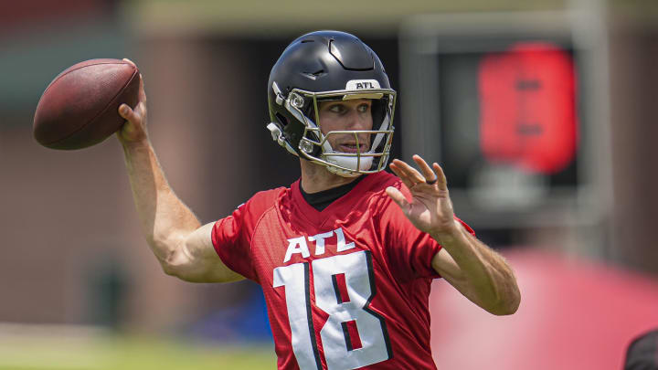 Jun 3, 2024; Atlanta, GA, USA; Atlanta Falcons quarterback Kirk Cousins (18) shown in action on the field during Falcons OTA at the Falcons Training facility. Mandatory Credit: Dale Zanine-USA TODAY Sports