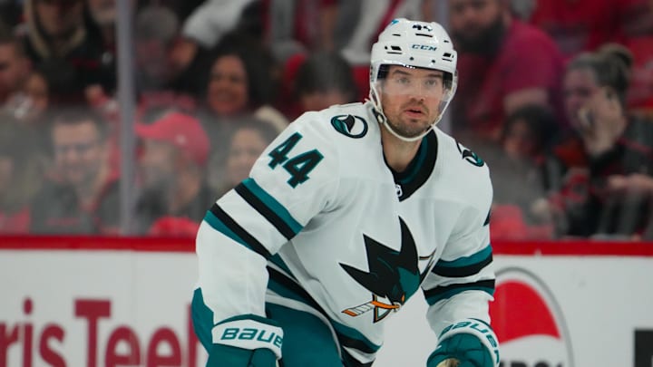 Oct 27, 2023; Raleigh, North Carolina, USA;  San Jose Sharks defenseman Marc-Edouard Vlasic (44)