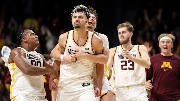 Jan 16, 2025; Minneapolis, Minnesota, USA; Minnesota Golden Gophers forward Dawson Garcia (3) celebrates his game winning three-point basket against the Michigan Wolverines after the game at Williams Arena. Mandatory Credit: Matt Krohn-Imagn Images