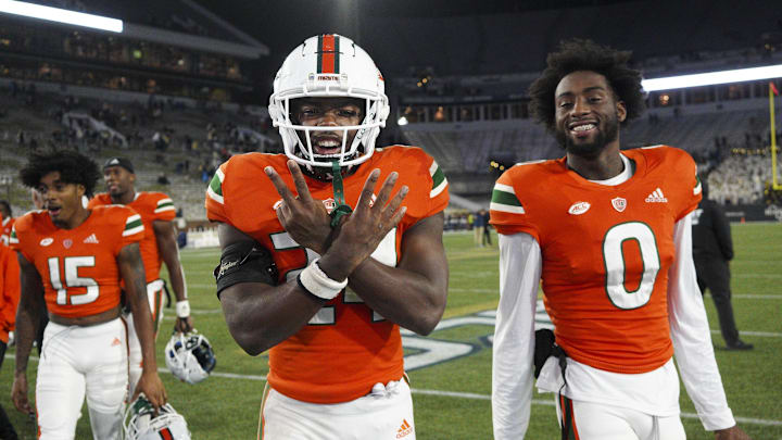 Nov 12, 2022; Atlanta, Georgia, USA; Miami Hurricanes safety Kamren Kinchens (24) celebrates with