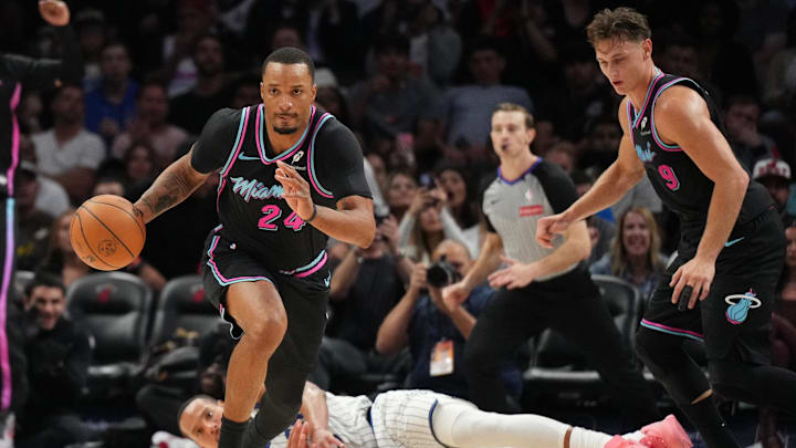 Mar 14, 2026; Miami, Florida, USA; Miami Heat guard Norman Powell (24) collects a turnover and heads up the court against the Orlando Magic during the second half at Kaseya Center. Mandatory Credit: Jim Rassol-Imagn Images Mar 14, 2026; Miami, Florida, USA; Miami Heat guard Norman Powell (24) collects a turnover and heads up the court against the Orlando Magic during the second half at Kaseya Center. Mandatory Credit: Jim Rassol-Imagn Images