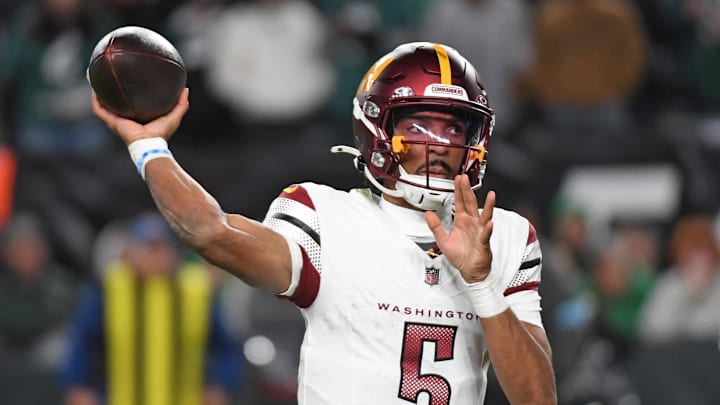 Nov 14, 2024; Philadelphia, Pennsylvania, USA; Washington Commanders quarterback Jayden Daniels (5) against the Philadelphia Eagles at Lincoln Financial Field. Mandatory Credit: Eric Hartline-Imagn Images