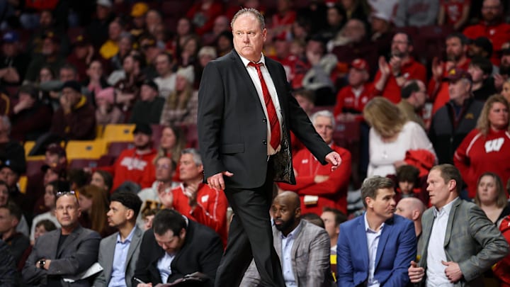 Mar 5, 2025; Minneapolis, Minnesota, USA; Wisconsin Badgers head coach Greg Gard looks on during the second half against the Minnesota Golden Gophers at Williams Arena. Mandatory Credit: Matt Krohn-Imagn Images