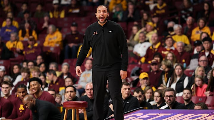 Dec 29, 2024; Minneapolis, Minnesota, USA; Minnesota Golden Gophers head coach Ben Johnson looks on during the first half against the Morgan State Bears at Williams Arena. Mandatory Credit: Matt Krohn-Imagn Images Dec 29, 2024; Minneapolis, Minnesota, USA; Minnesota Golden Gophers head coach Ben Johnson looks on during the first half against the Morgan State Bears at Williams Arena. Mandatory Credit: Matt Krohn-Imagn Images