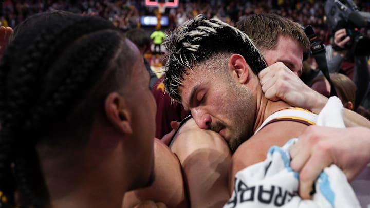 Jan 16, 2025; Minneapolis, Minnesota, USA; Minnesota Golden Gophers forward Dawson Garcia (3) celebrates his teams win after the game against the Michigan Wolverines at Williams Arena. Mandatory Credit: Matt Krohn-Imagn Images