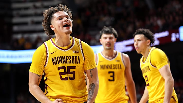 Mar 5, 2025; Minneapolis, Minnesota, USA; Minnesota Golden Gophers guard Lu'Cye Patterson (25) celebrates during the second half against the Wisconsin Badgers at Williams Arena. Mandatory Credit: Matt Krohn-Imagn Images