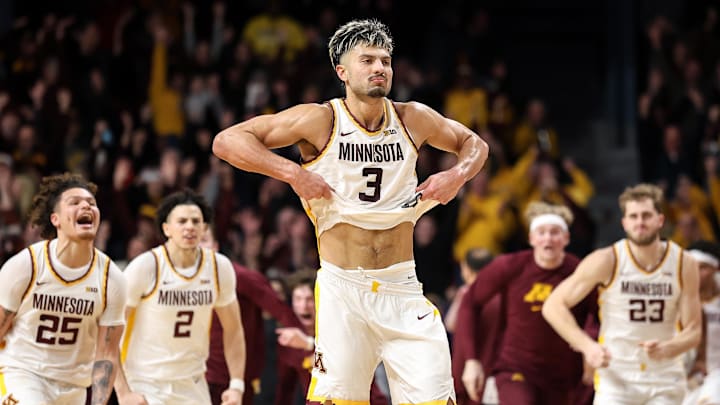 Jan 16, 2025; Minneapolis, Minnesota, USA; Minnesota Golden Gophers forward Dawson Garcia (3) celebrates his game winning three-point basket against the Michigan Wolverines after the game at Williams Arena. Mandatory Credit: Matt Krohn-Imagn Images