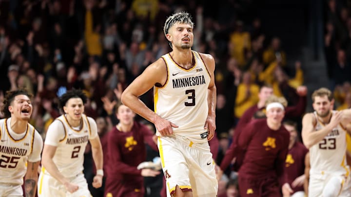 Jan 16, 2025; Minneapolis, Minnesota, USA; Minnesota Golden Gophers forward Dawson Garcia (3) celebrates his game winning three-point basket against the Michigan Wolverines after the game at Williams Arena. Mandatory Credit: Matt Krohn-Imagn Images