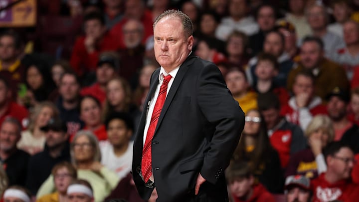 Mar 5, 2025; Minneapolis, Minnesota, USA; Wisconsin Badgers head coach Greg Gard looks on during the first half against the Minnesota Golden Gophers at Williams Arena. Mandatory Credit: Matt Krohn-Imagn Images