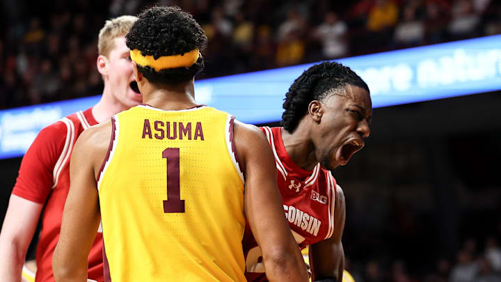 Mar 5, 2025; Minneapolis, Minnesota, USA; Wisconsin Badgers guard John Blackwell (25) celebrates his basket against the Minnesota Golden Gophers during the second half at Williams Arena. Mandatory Credit: Matt Krohn-Imagn Images