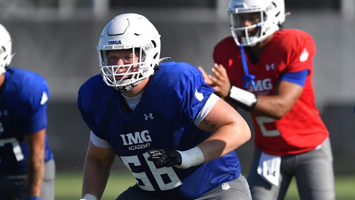 Offensive lineman Breck Kolojay (#66) during practice on Friday, Aug. 2, 2024 on IMG Academy Football Media Day in Bradenton, Florida.