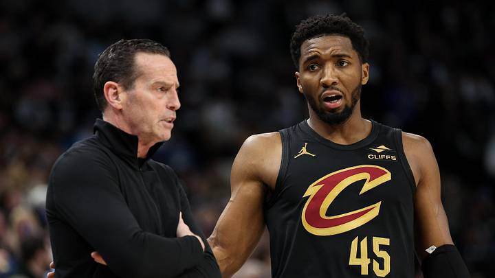 Jan 18, 2025; Minneapolis, Minnesota, USA; Cleveland Cavaliers guard Donovan Mitchell (45) talks with head coach Kenny Atkinson during the second quarter against the Minnesota Timberwolves at Target Center. Mandatory Credit: Matt Krohn-Imagn Images Jan 18, 2025; Minneapolis, Minnesota, USA; Cleveland Cavaliers guard Donovan Mitchell (45) talks with head coach Kenny Atkinson during the second quarter against the Minnesota Timberwolves at Target Center. Mandatory Credit: Matt Krohn-Imagn Images