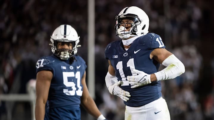 Penn State freshman linebacker Abdul Carter (11) celebrates a sack in the fourth quarter against Michigan State at Beaver Stadium on Saturday, Nov. 26, 2022, in State College. The Nittany Lions won, 35-16. 